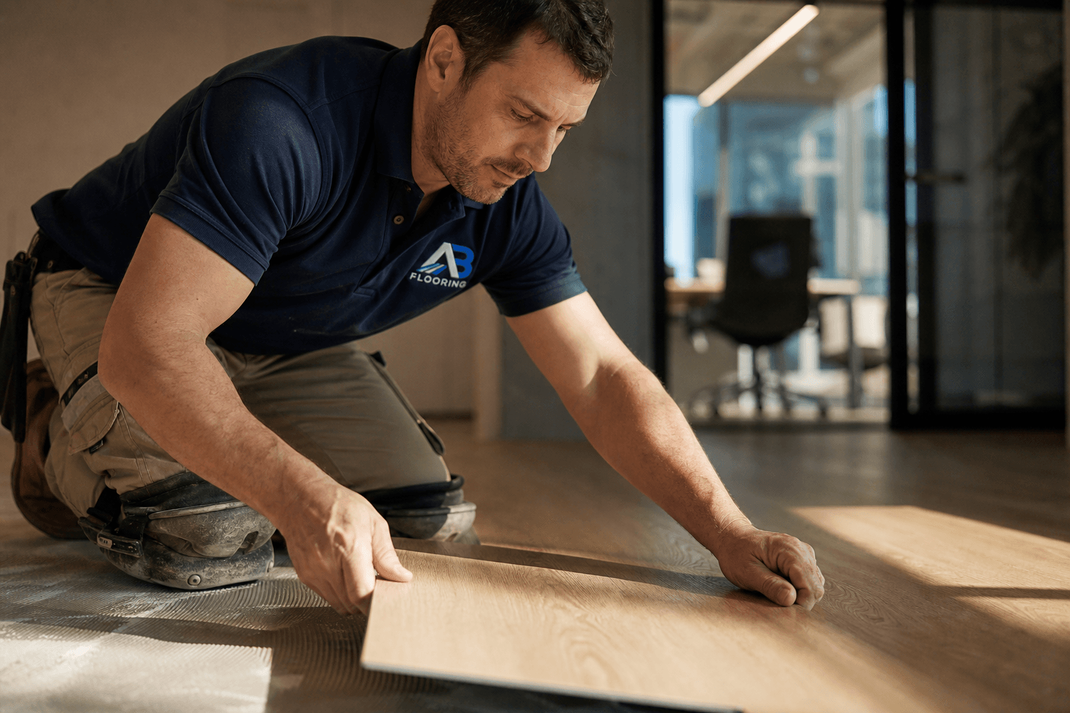 AB Flooring installer laying luxury vinyl planks
