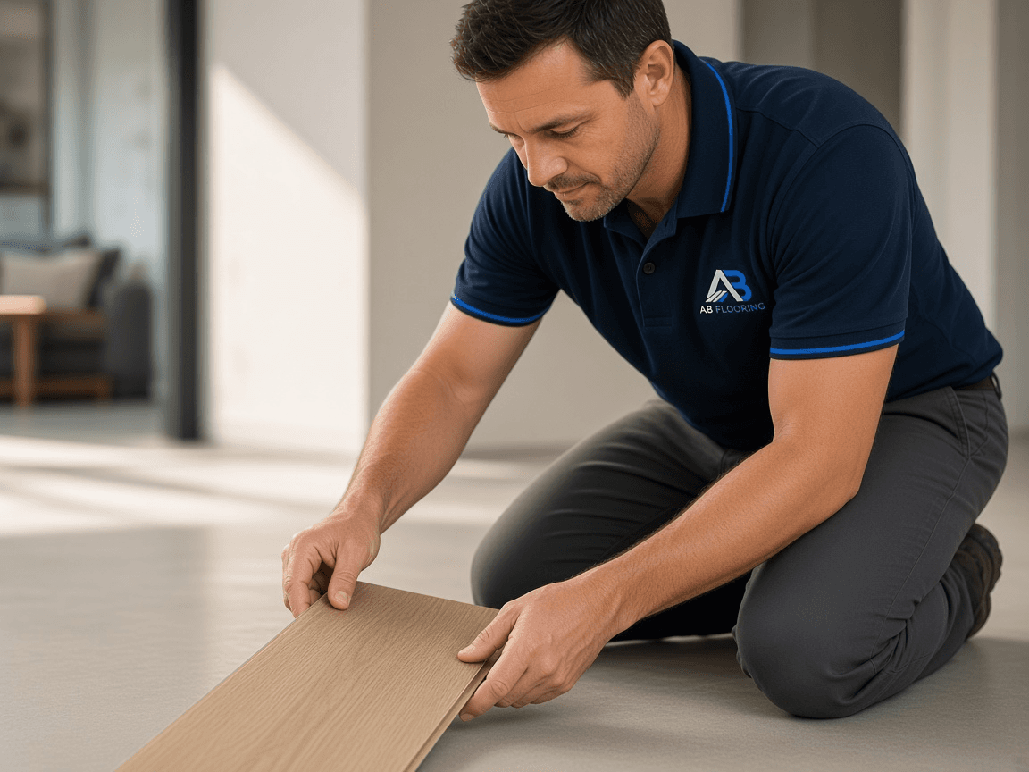 Installer laying commercial flooring